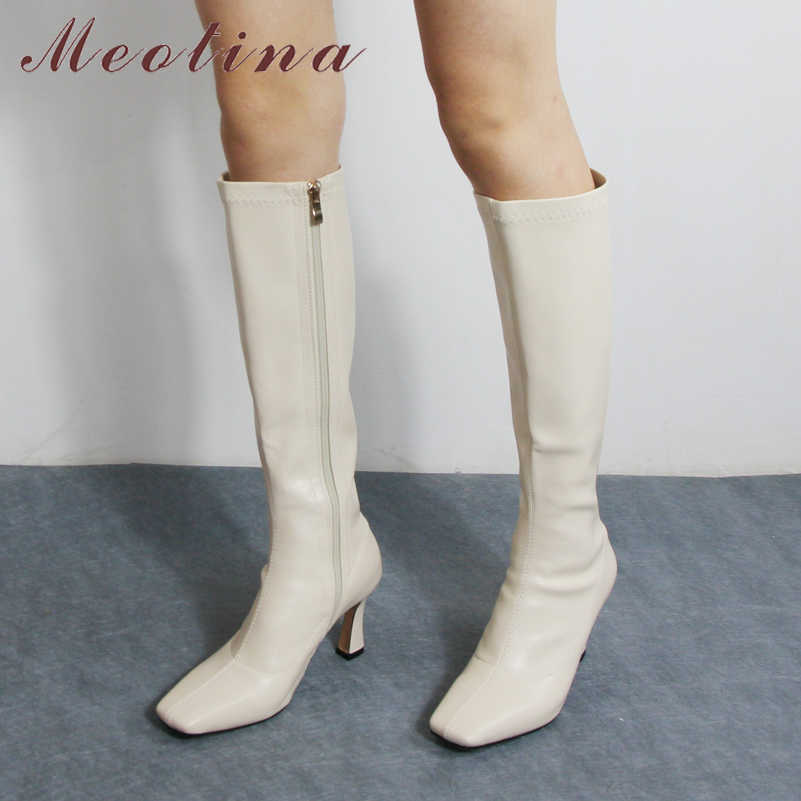 

Meotina Knee-High Boots Women Shoes Square Toe Stiletto Heels Long Boots Zip High Heel Ladies Boots Winter Black Beige Size 210608