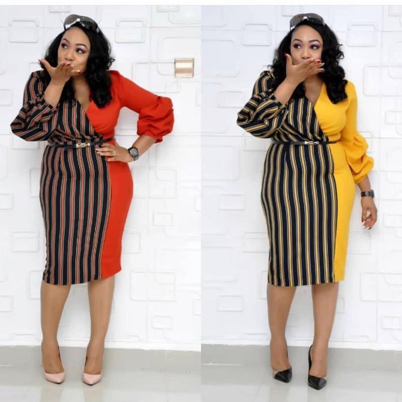 

Ethnic Clothing Office Lady African Female Colorblock Stripe Women Africa Dress Plus Size Fashion Long Sleeve Belted Autumn Woman