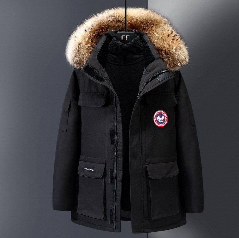 

Winter Men's Personalized Badge Embroidered Hooded Big Wool Collar Goose Down Jacket, Black