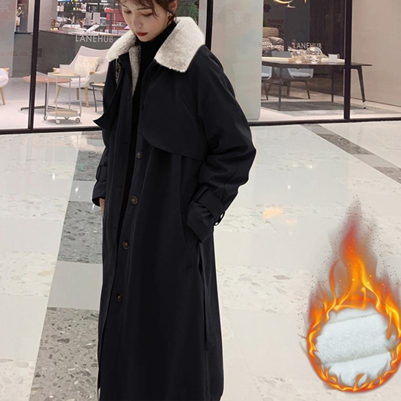 

Women's Trench Coats FMFSSOM Spring Black Coat Women Warm Long Lamb Wool Lining Jacket Khaki Thickening Windproof Street Wear Female Outwear, Tan;black