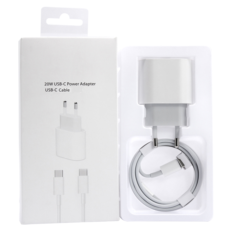 

20W Power Adapter USB-C Type-C Charger 1m/3ft PD Cable Kits US EU Fast Charging for iPhone 8 Plus X XS 11 12 Mini Pro Max