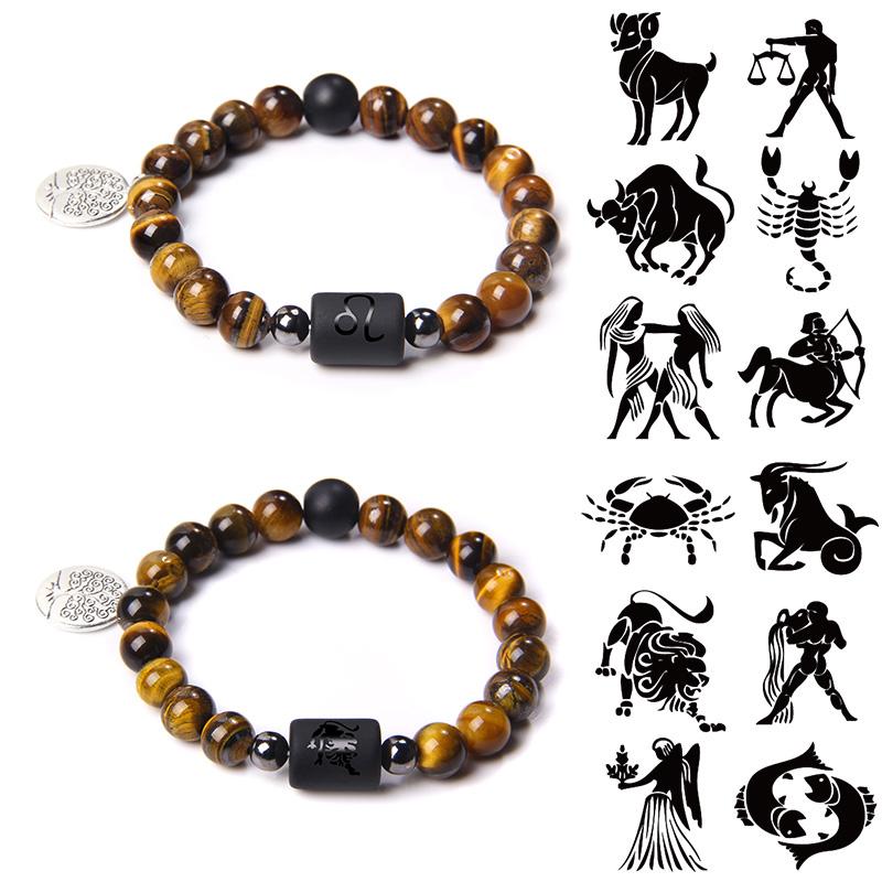 

Beaded, Strands 12 Constellation Charm Bracelets Men Natural 8 Mm Tiger Eye Stone Beads Bangles For Women Aries Pendant Handmade Pulsera Jew