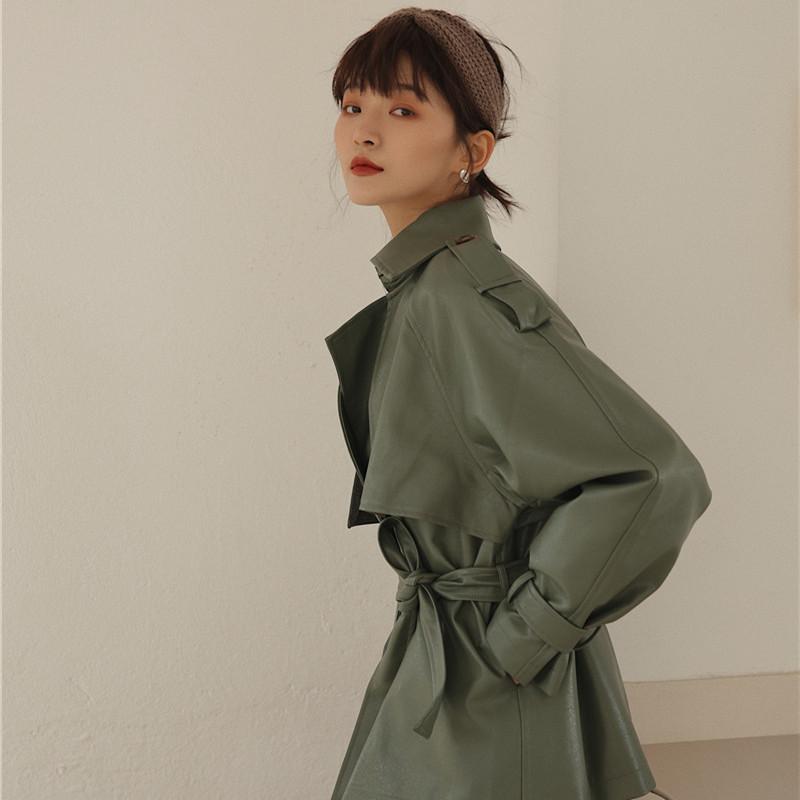 

Women's Leather & Faux Autumn Harajuku Matcha-green Women Vintage Motorcycle Jacket PU With Belt Casual Chic Female Outwear, Black