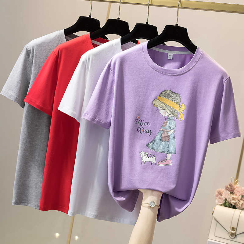 

Women Tees T-Shirt Short Sleeve Round Neck T Shirt Summer Female Plus Size Fashion T Shirt Top All-Match Tee Loose White 210604, Gray