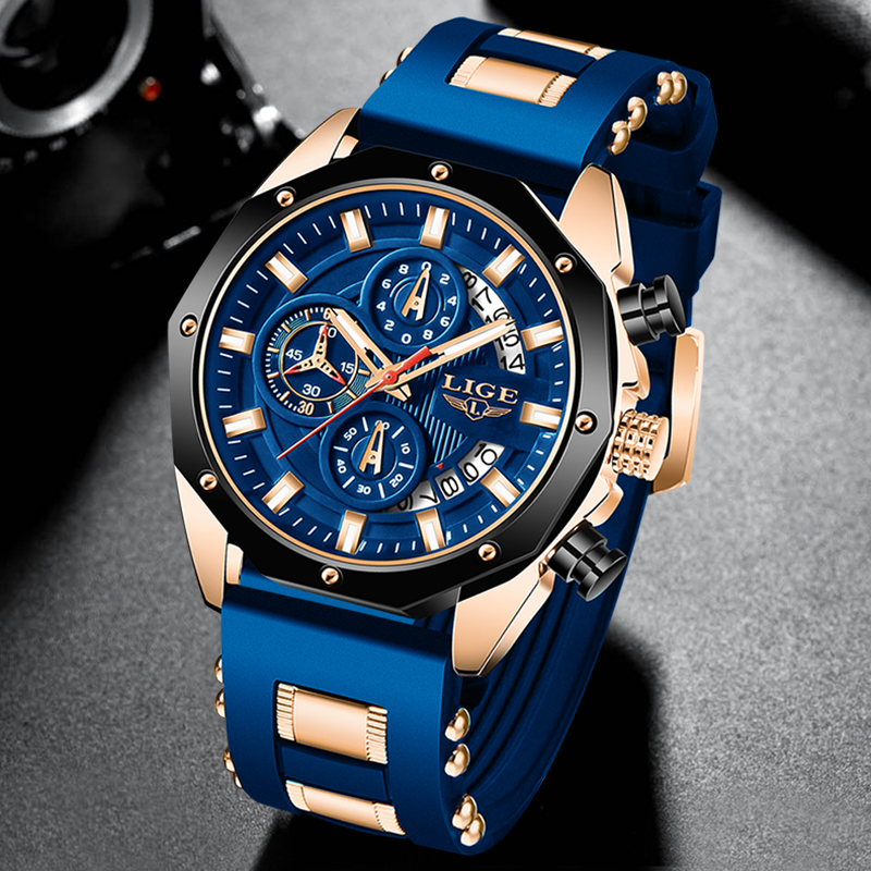 

2021 NEW Top LIGE Brand Casual Fashion Watches for Man Sport Military Silicagel Wrist Watch Men Watch Chronograph Relojes Hombreg, Rose gold red