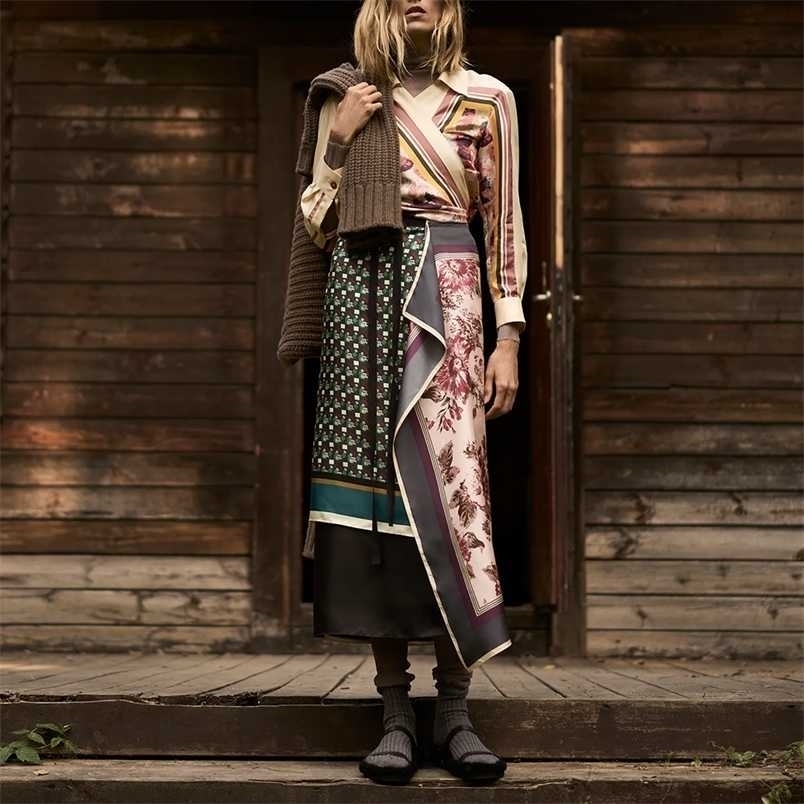 

Za Skirt Two Piece Set Vintage Print Simulation Silk Blouse and High Waist Wrap Casual Dress Sets Club Outfits 211109, Shirts