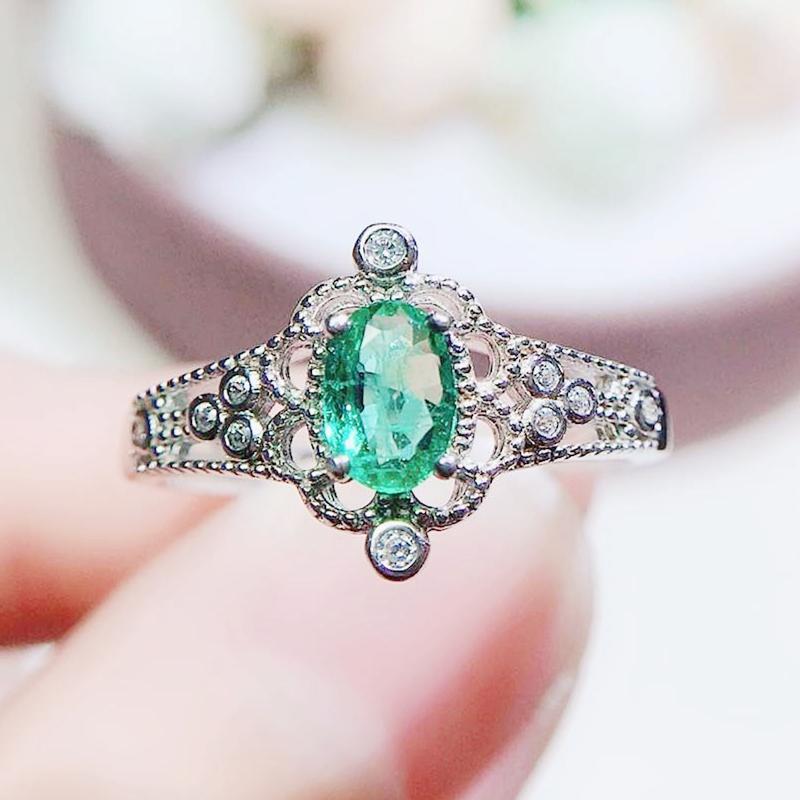 

Cluster Rings Per Jewelry Natural Real Emerald Classical Style Ring 0.52 Gemstone 925 Sterling Silver Fine Q204167, Golden;silver