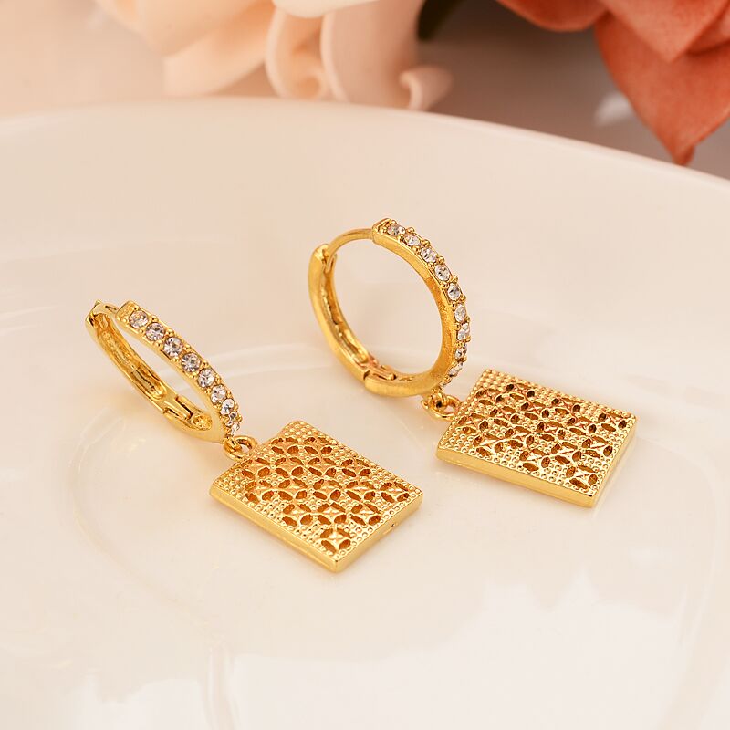 Solid Gold square cz Earrings Dangle & Chandelier geometrical Women/Girl,Love Trendy Jewelry for wedding birthday Christmas party gift-image-681955088