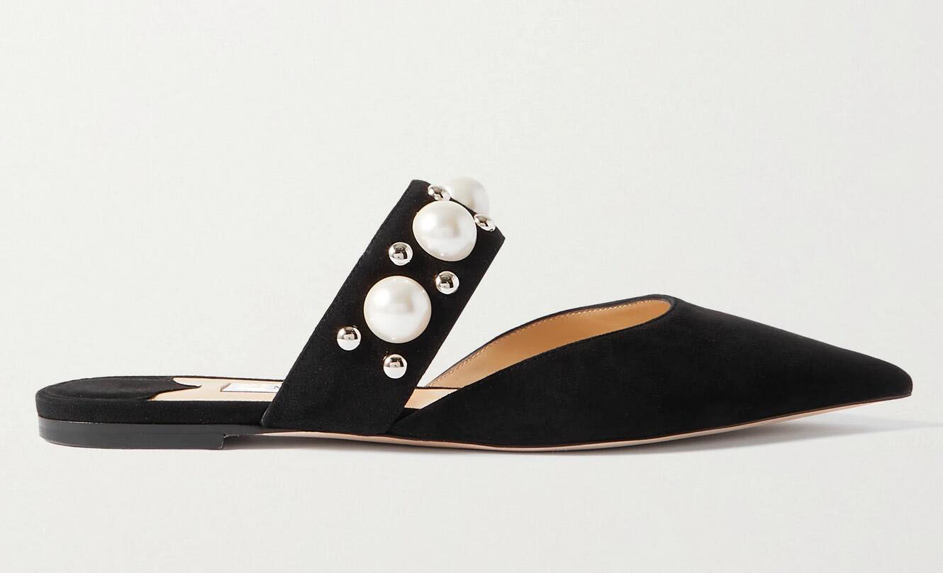 

Women Sandal Shoes Pumps Pointed-toe pump in black Basette embellished suede Patent leather flats pearls Flat Heel Female Wedding