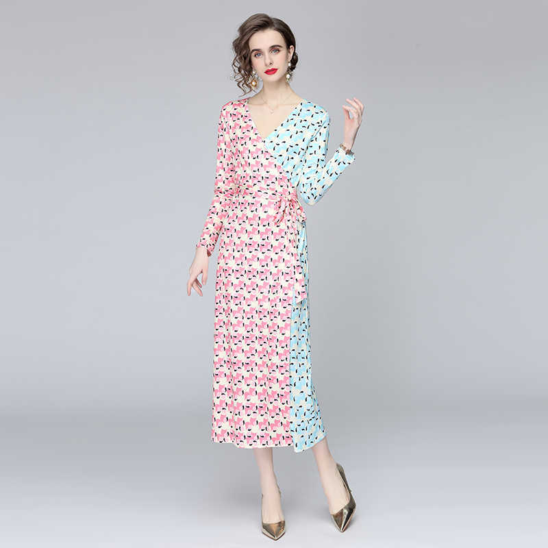 

Women Summer Designer Elegant Two-Color Print Holiday Casual Party Robe Female Vintage Cardigan Belt Wrap Dress Vestidos 210525, Pink