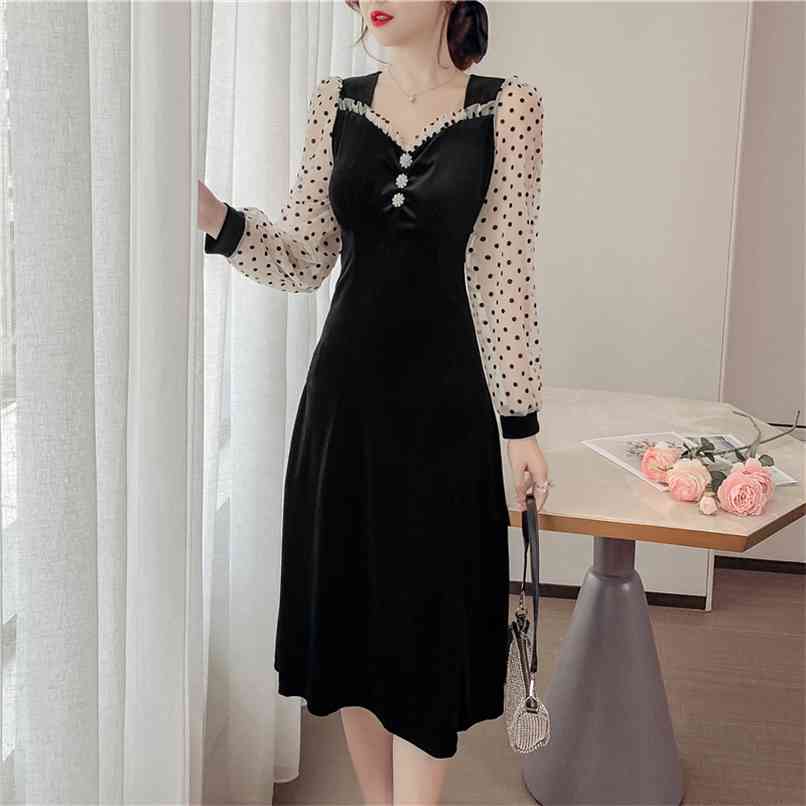 

Fashion women's dress autumn and winter French retro temperament square neck gold velvet 210520, Black