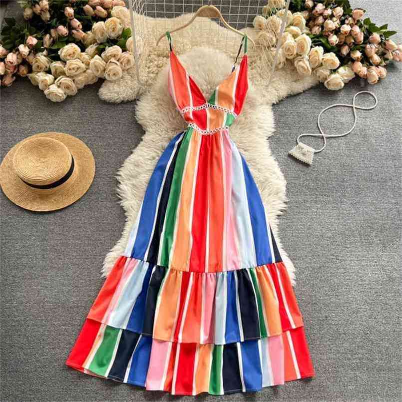 

Ins Fashion Rainbow Striped Color Match Spaghetti Strap Long Maxi Dress Boho Deep V-neck Lace-up Backless Ruffles Holiday 210603, As picture