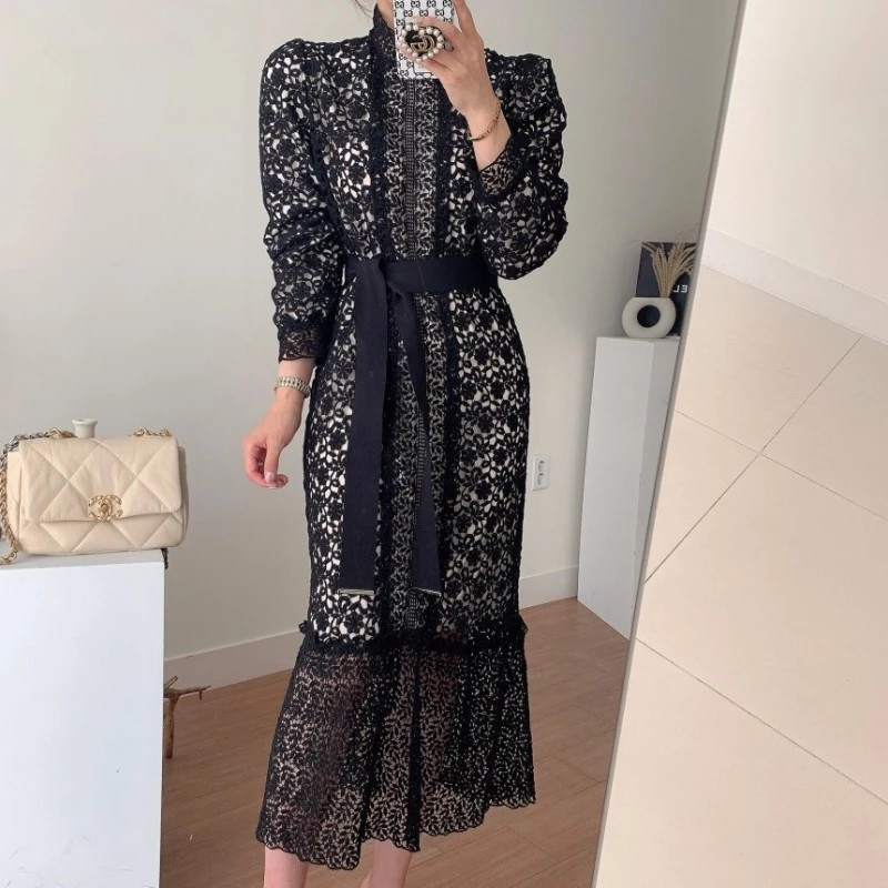 

ZAWFL spring french lace-up hollow out elegant long dress termnperament solid all-match streetwear early robe 210525, Picture color