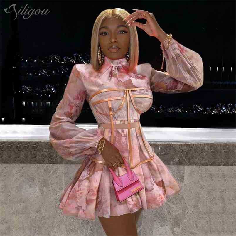 

Summer Women's Dress Party Tight Sexy Printed Flower Lace Lantern Sleeve Corset Mini Club 210525, White