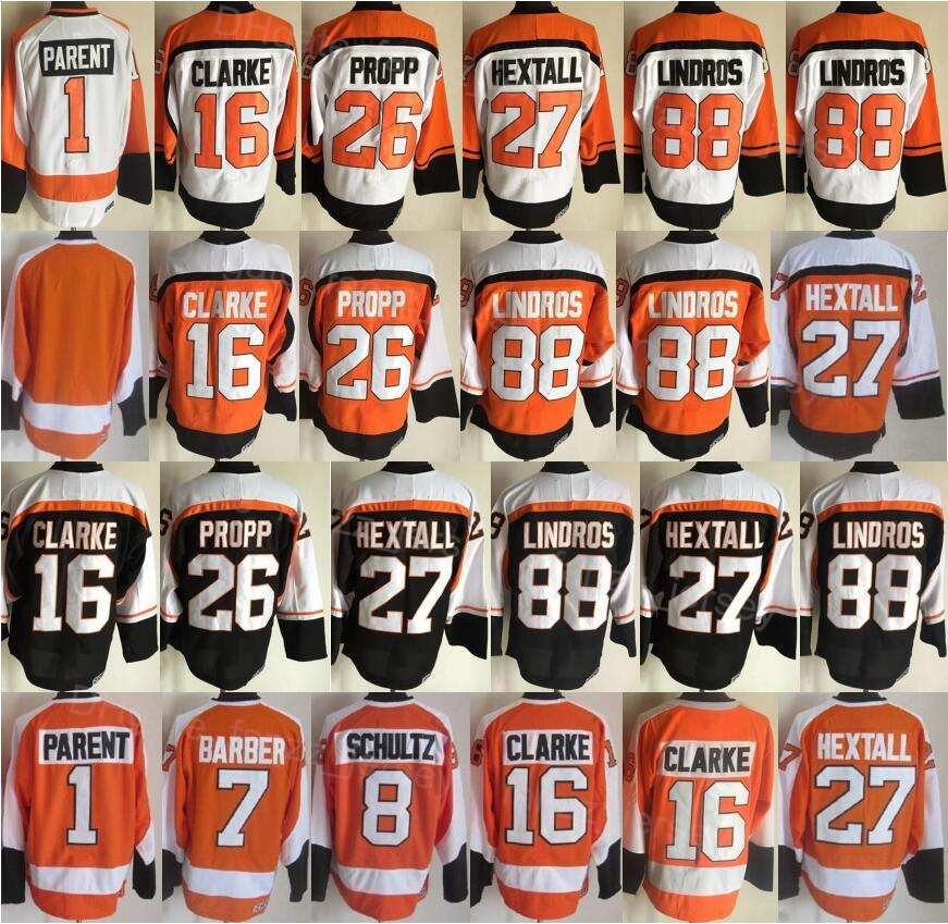 

Men Retro Ice Hockey Vintage 16 Bobby Clarke Jersey 27 Ron Hextall 26 Brian Propp 1 Bernie Parent 7 Bill Barber 88 Eric Lindros 8 Dave Schultz All Stitched Home FeiRen, 1 orange