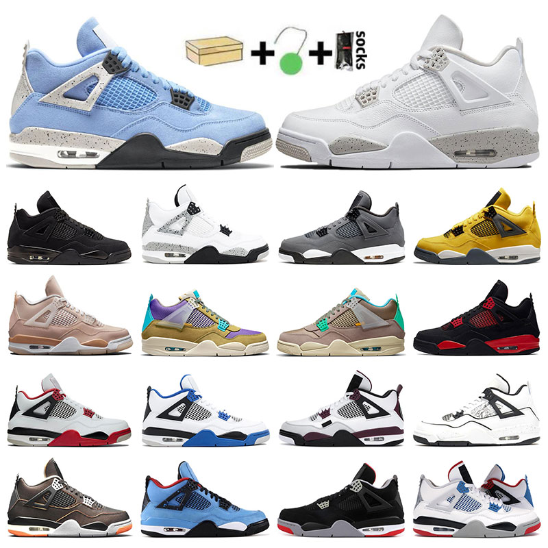

Mens trainers basketball shoes 4 4s White Oreo University Blue Paris Fire Red Black Cat Purple Metallic Shimmer DIY womens sport running sneakers 5.5-13, 25