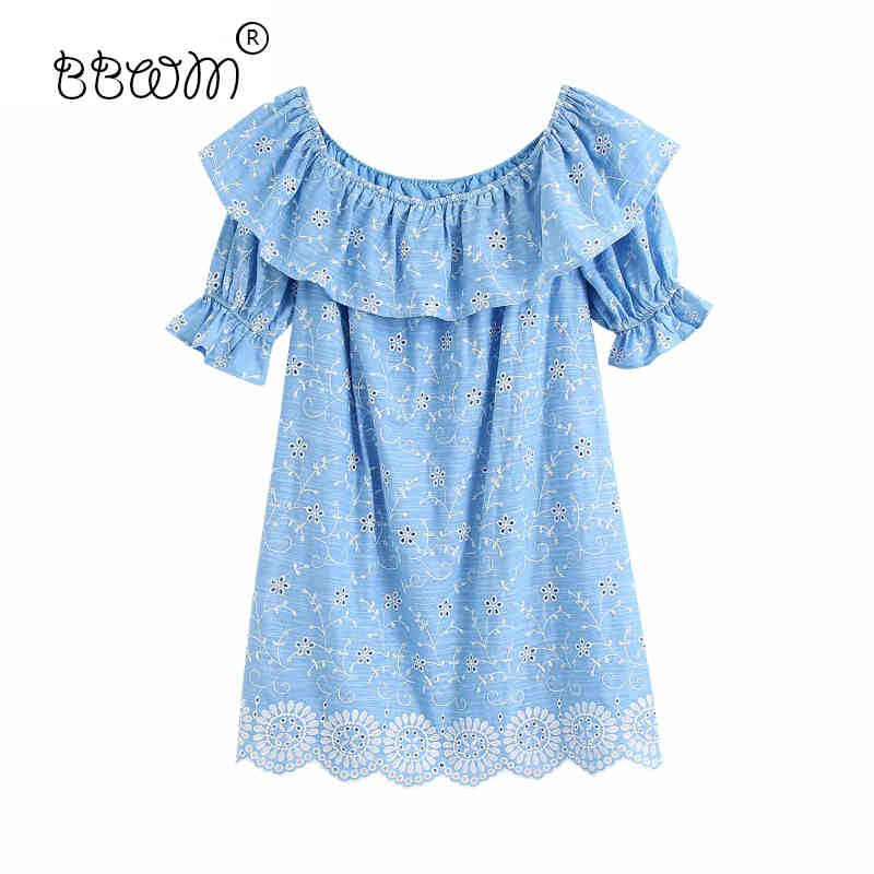 

Women Fashion Chic 95% Cotton Openwork Floral Embroidery Mini Dress Vintage Sexy Slash Neck Short Sleeve Dresses 210520, As pic