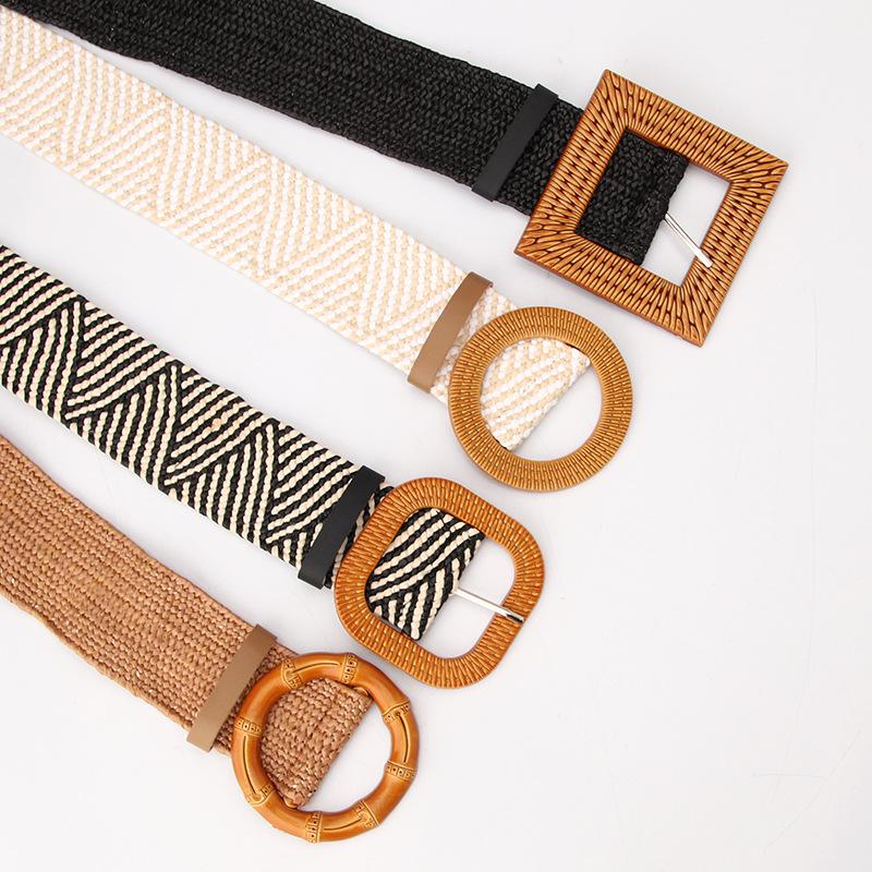 

Belts Pin Buckle Woven Women's Wide Belt Mori Lovely Cotton Linen Stretch Elastic Spring Summer Dress Decoration2021, Black;brown