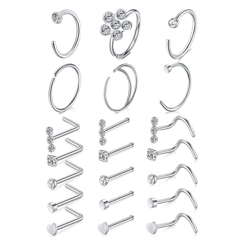 

Nose Rings Hoop L Shape Studs Stainless Steel Screw Bone Flat Top Diamond Opal Heart High Nostril Piercing Jewelry for Women Men