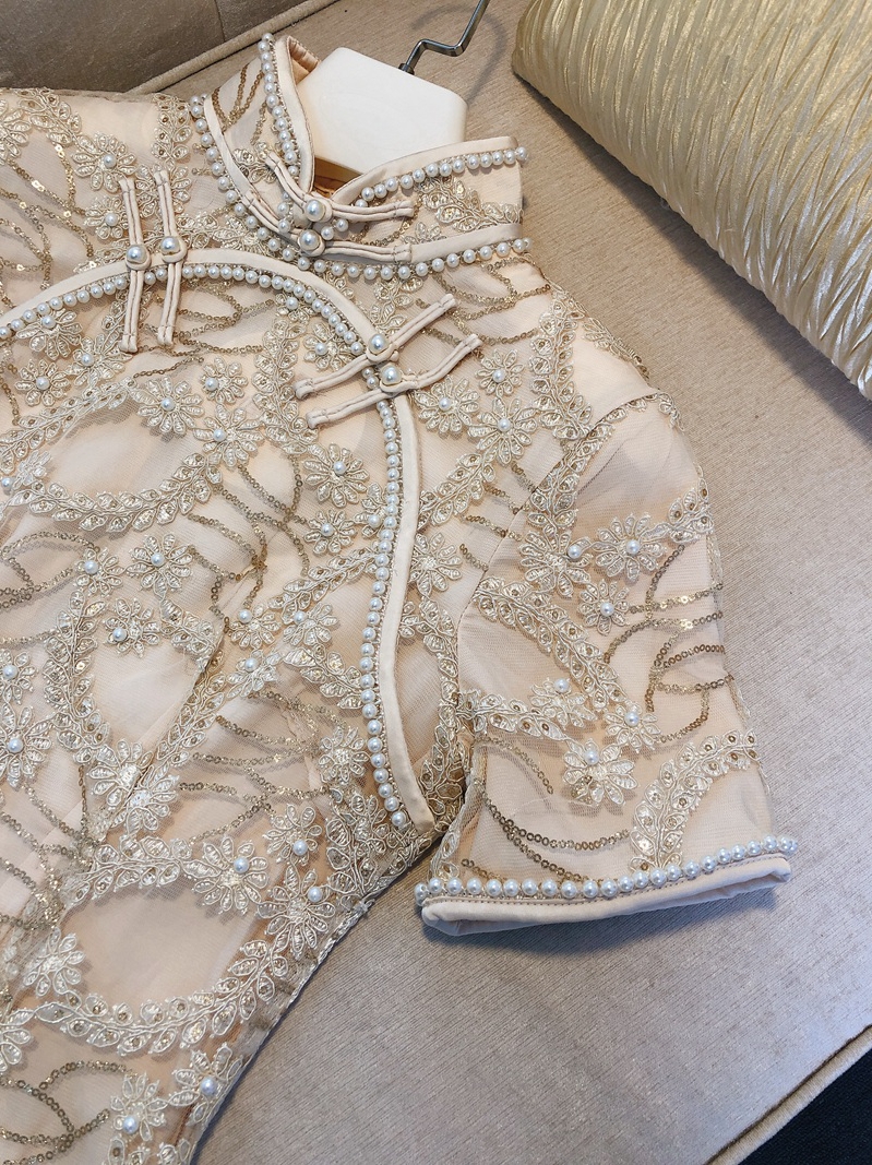 

2021 Fall Autumn Short Sleeve Haute Couture Applique Beading Buttons Dress Chinese Elegant Cheongsam Dress 21G241718, Ivory short sleeve