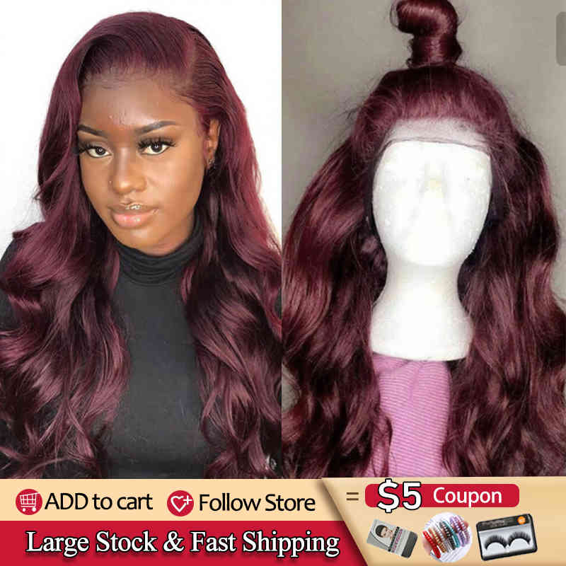 

13x4 Front Hu 99J/Burgundy RedWine Pre Plucked Body Wave Lace Wigs 150% Density Brazilian Remy Hair Wig KEMY, Ombre color