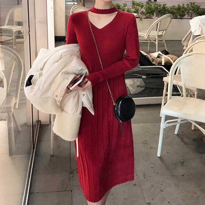 

Christmas Sweater Dres Long Sleeve Midi Knitted Female Autumn Casual Korean Party Winter Office Lady 210604, Red dress