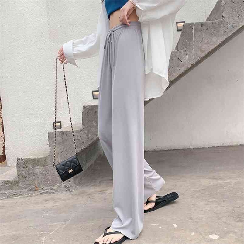 

High Waist Soft Comfort Women Pants Casual Summer Slacks Pant Ice Silk Full Length Long Trousers Female Slacks 210721, Khaki