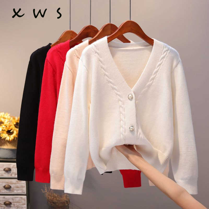 

Women Cardigans Sweater V neck Solid Loose Knitwear Single Breasted Casual Knit Cardigan Outwear Winter Jacket Coat 210604, Red