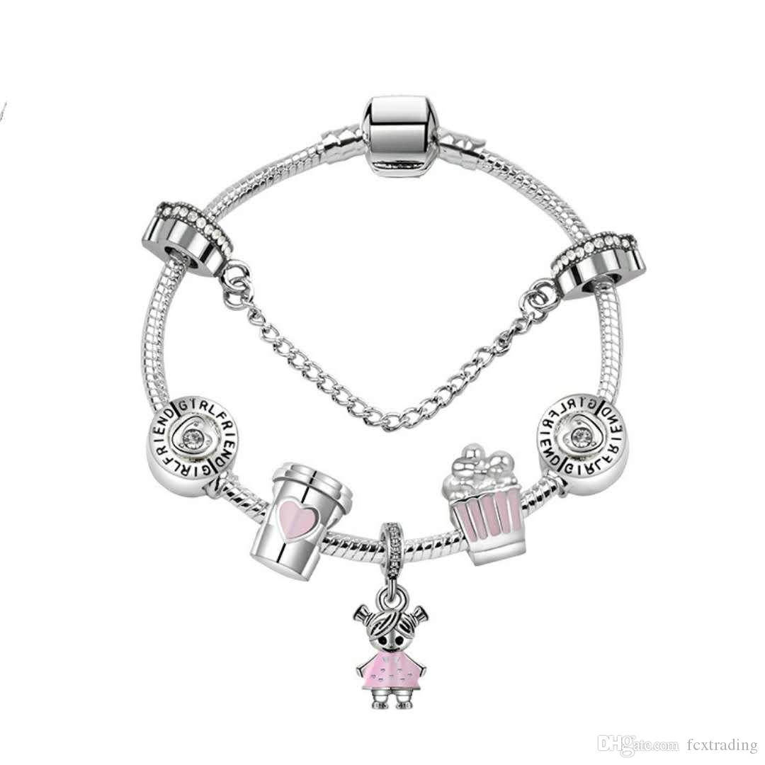 

17-21CM Charm Beads Bracelets sweet cute girl Pendant 925 Silver Bracelet DIY Jewelry as a gift, Golden;silver