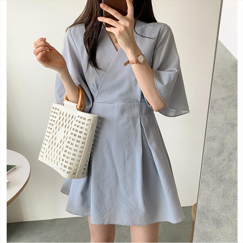 

vintage high waist elegant womens dress ruffle sleeve short v neck summer for office lady vestidos, Black;gray