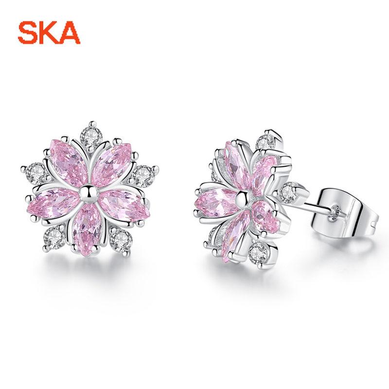 Stud SKA Earring Brand Earrings For Women Originality Sakura Copper Pink Color Zircon Drop Personality Jewelry E286-image-709258468