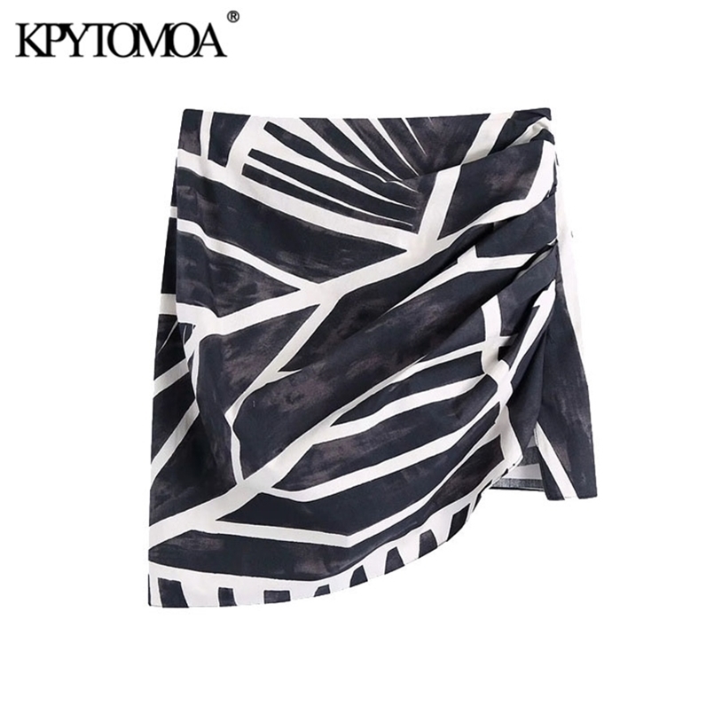 

KPYTOMOA Women Chic Fashion Printed Draped Asymmetry Mini Skirt Vintage High Waist Side Zipper Female Skirts Mujer 210702, As picture