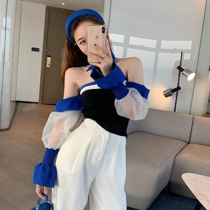 

Women' T-Shirt Women Sexy Tops Off Collar Off-shoulder Mesh Contrast Color Stitching Chest 2021 Spring Summer Bubble Sleeve Tshirts, Blue
