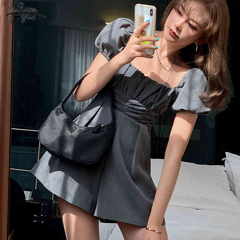 

Women' Summer Puff Sleeve Waist Hugging Off-Shoulder Jumpsuit Rompers Womens High Pleated Wide Leg Shorts 14395 210521, Black