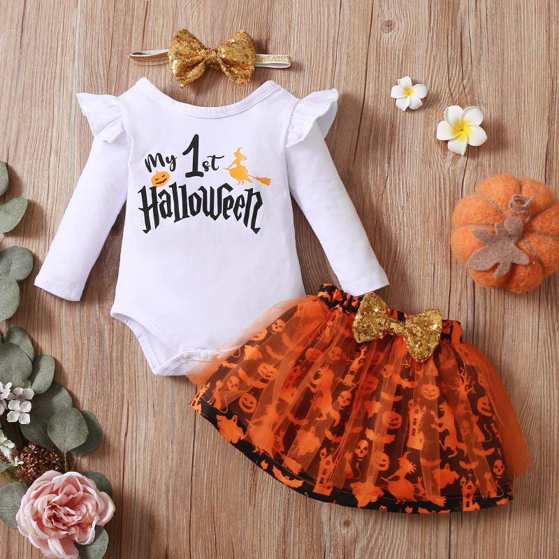 

Clothing Sets 3Pcs Halloween Baby Girls Outfit, Pumpkin Letter Printing Long Sleeve Round Collar Romper + Mesh Bubble Skirt Headwear Set, White