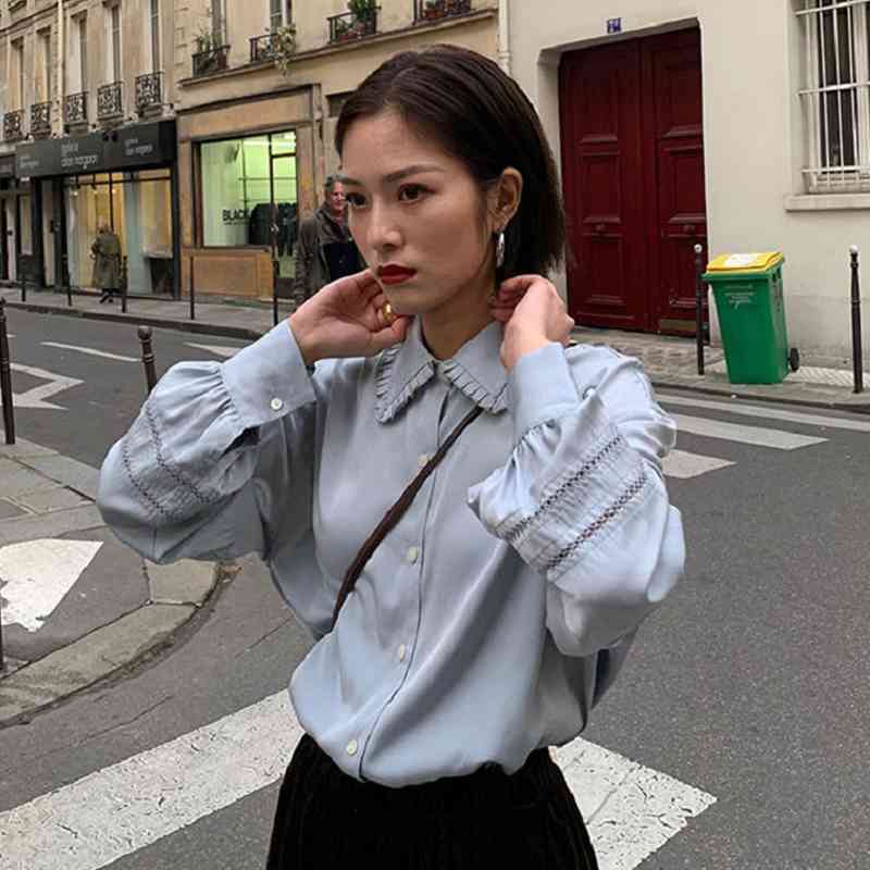 

Summer Long Sleeve Women Blouse Tunic Work Shirt Hollow Out Ruffled Collar Office Ladies Shirts Button Up Female Tops 210521, Random color