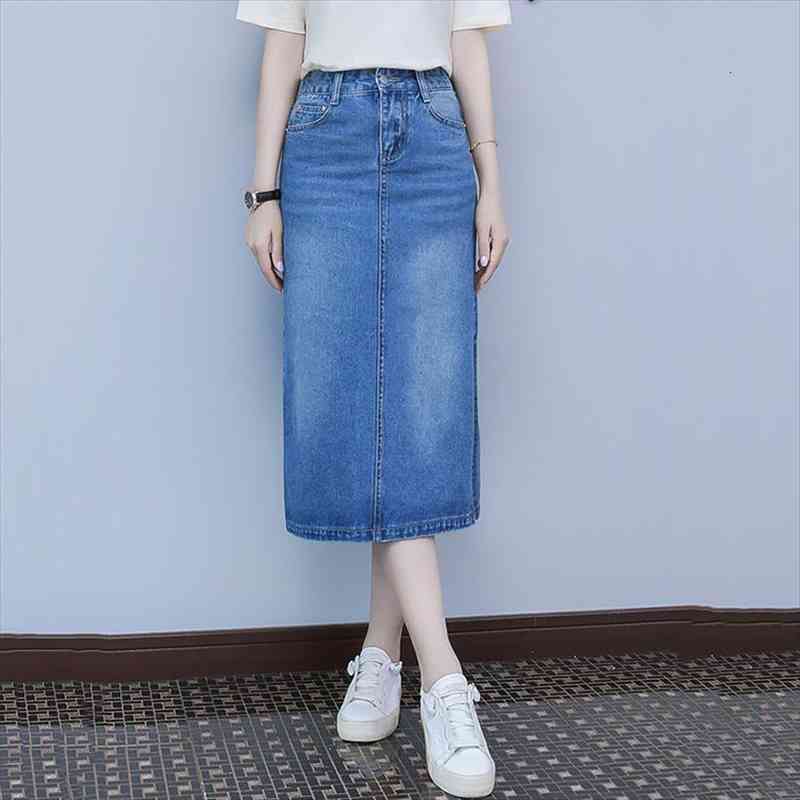 

blue vintage fashion elegant split womens skirt denim all match office lady korean midi summer black arrivals