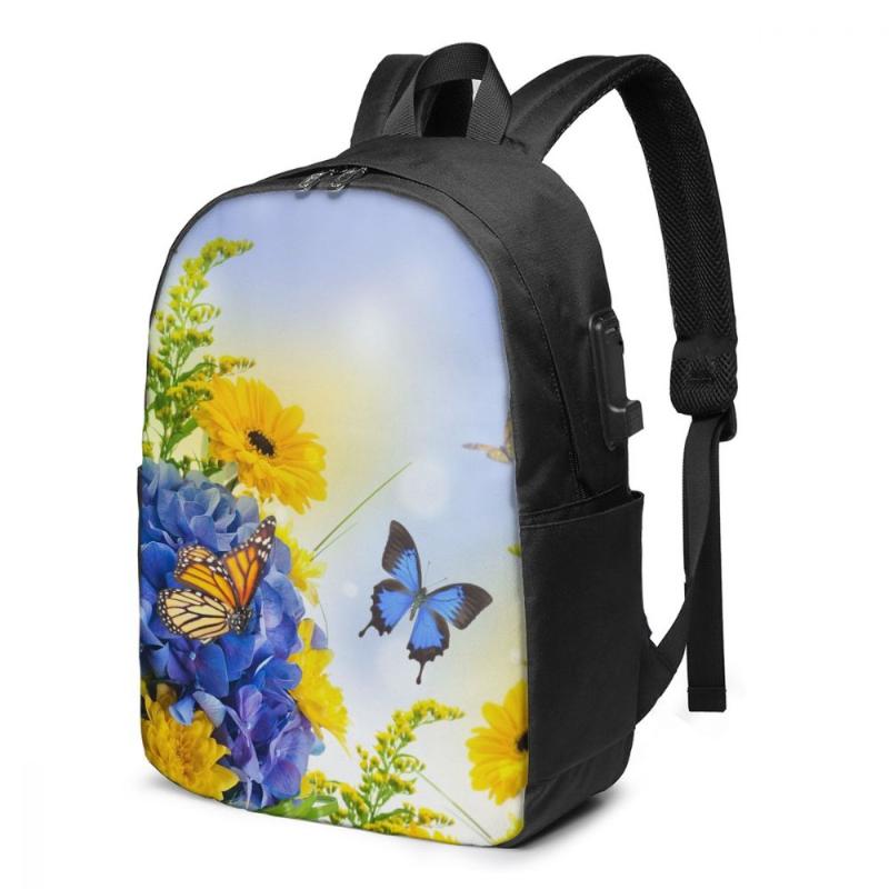 

Backpack 2021 Laptop USB Blue Hydrangeas And Butterfly School Bag Bookbag Men Women Travel Daypack Leisure, Black 4
