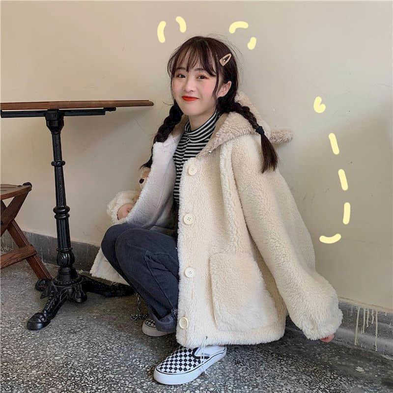 

Cute women's coat female jacket winter bear ears tail girl imitating lamb wool cute loose wild women Keep warm 210526, Apricot koala