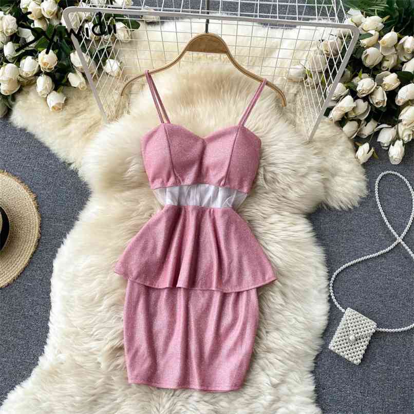 

Dress for Women Spaghetti Strap Mesh See Through Spliced Sexy Club Mini Party Dresses Summer Fashion Pink Blue 210607, Gray