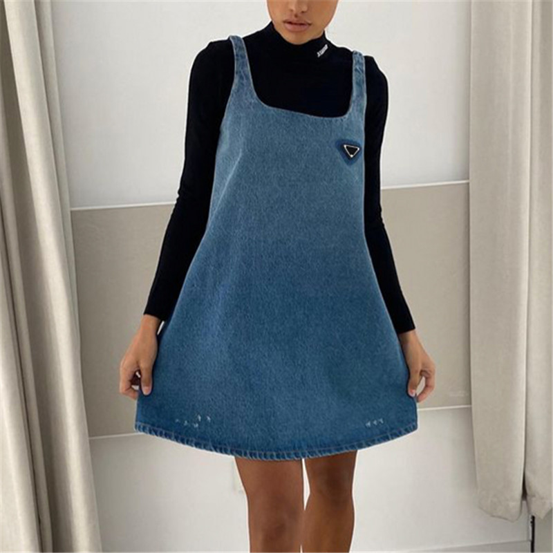 

Vintage Denim Suspender Dress Metal Logo Triangle Label High Quality Women Spring Autumn Street Style Dresses, 1#