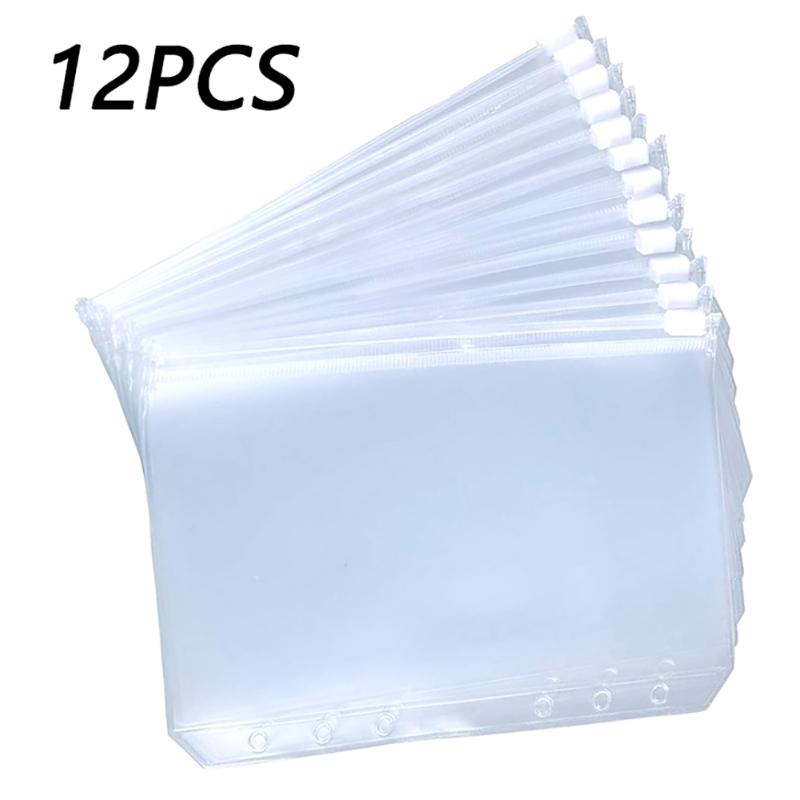 

Storage Bags 12PCS Binder Pockets A5 A6 A7 Zipper Folders For 6-Ring Notebook Transparent Loose Leaf Pouch Files Filing