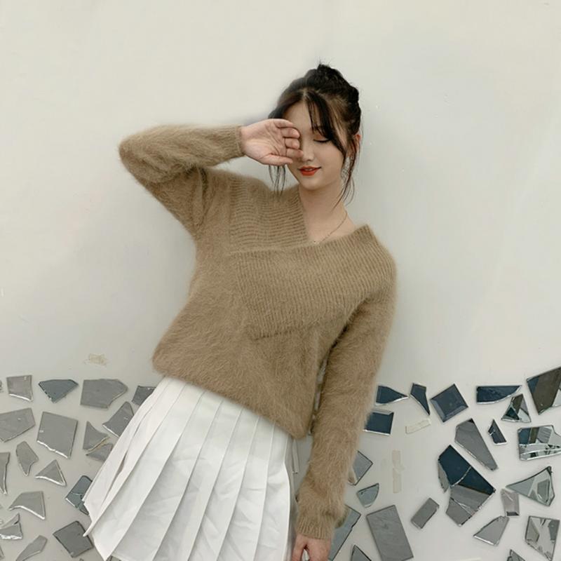 

Women' Sweaters Women Angora Pullovers Sweater Pure Color Autumn Winter Wool Knitted Jumper Long Sleeves V-Neck Suit Style Basic WSR778, 022