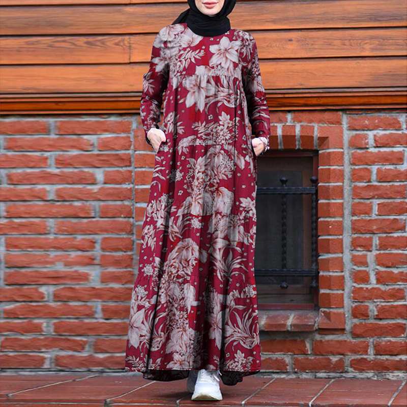 

2021zanzea retro dubai abaya turkey hijab dress women vintage floral printed maxi sundress summer long sleeve kaftan muslim vestido, Black;gray