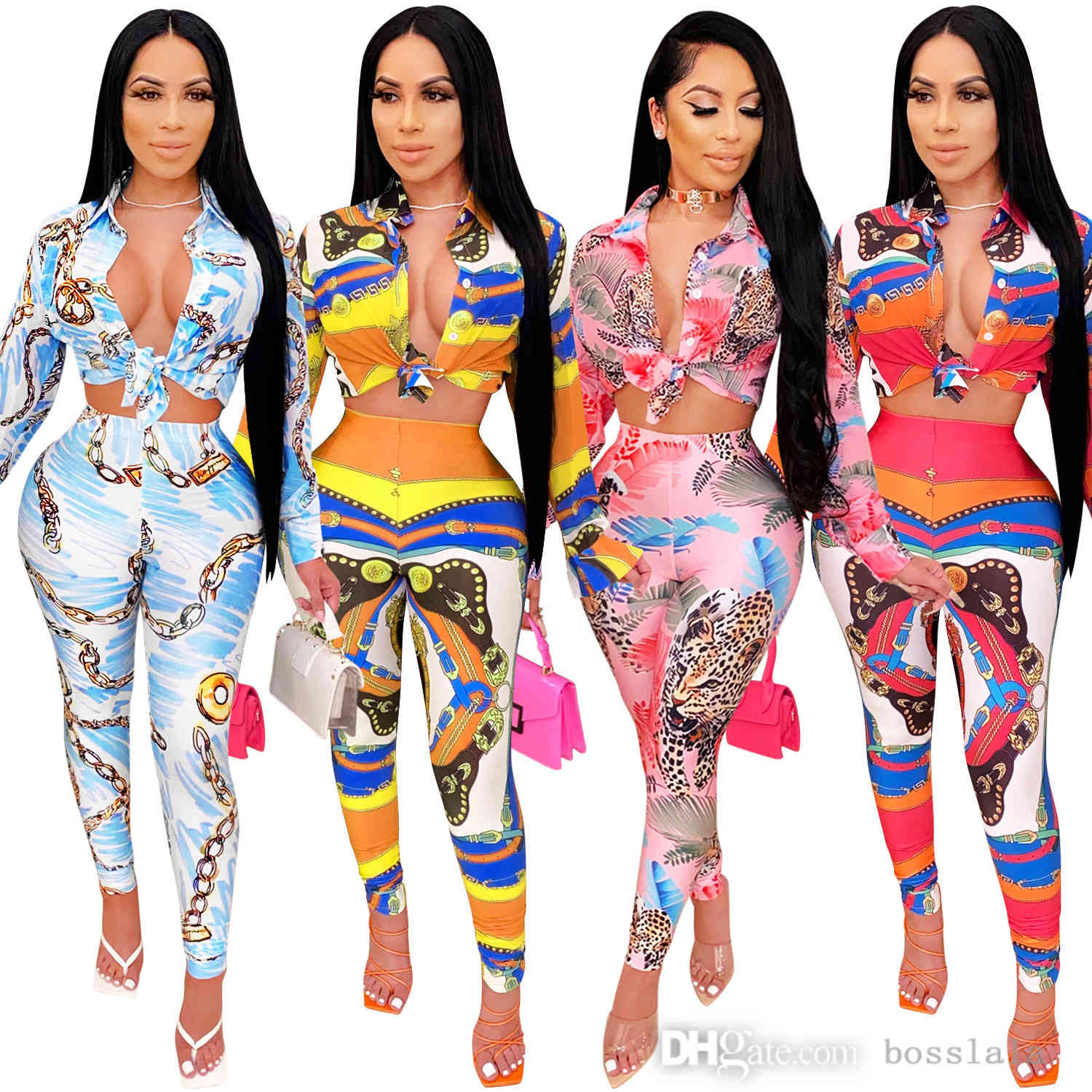 

Womens Shirts Suit New Digital Printing High Waist Pants Business Leisure Long Sleeve Two Piece Tracksuits Fall And Winter Clothes, Yellow