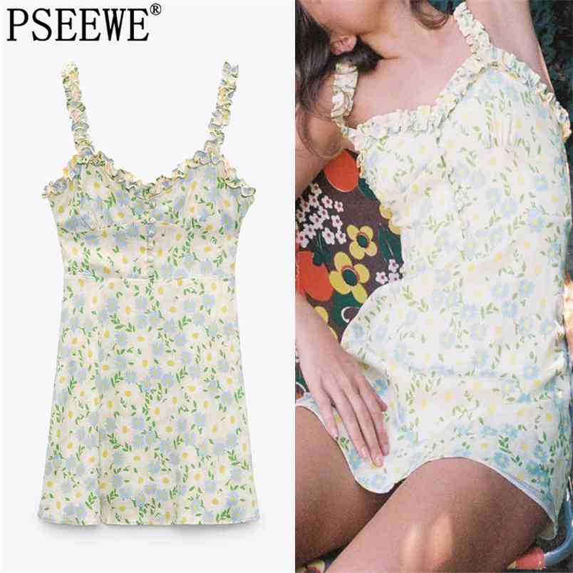 

Dress Women Floral Strap Short Woman es Ruffle Slip Mini Girl Cottagecore Backless Beach Sexy es 210519