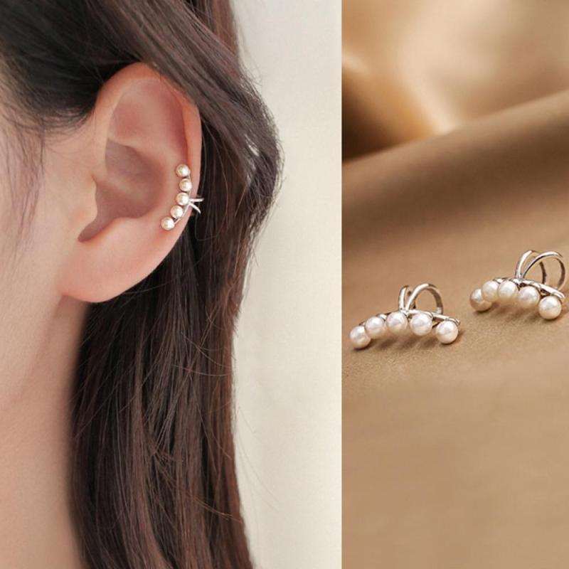 

Clip-on & Screw Back S925 Silver Color Jewelry Pearl Earbone Clip Cold Style Ear Simple Temperament Stud Earrings For Woman