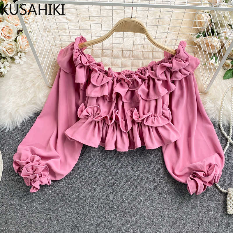 

KUSAHIKI Summer Ruffle Off Shoulder Blouse Shirt Puff Sleeve Korean Sexy Short Womens Top Fashion Elegant Blusas 6J461 210602, Black