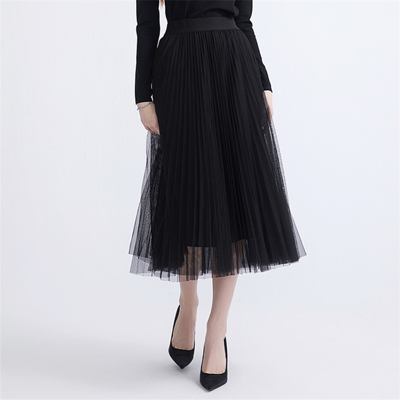 Spring Summer Gothic Black White Long Mesh Skirt Vintage England Preppy Style High Street Elastic Waist Basic Accordion Skirts 210412Z