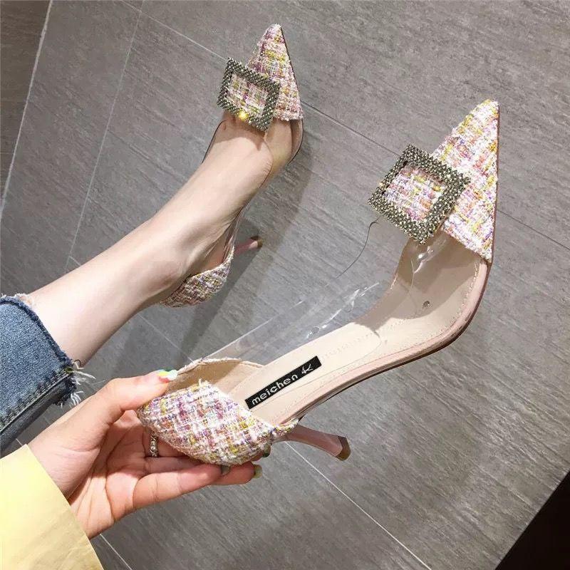 

Dress Shoes 2022 Spring Pumps Sexy Stiletto Kitten Heels PVC Party High Women Wedding Pointed Toe Sandals Zapatillas Mujer, Black
